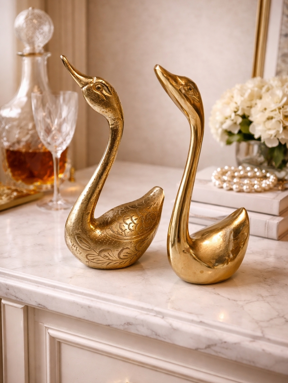 Brass Swan Figurines - Pair of Gold Decorative Swans